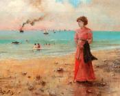 阿尔弗雷德 史蒂文斯 : Jeune femme a l'ombrelle rouge au bord de la mer